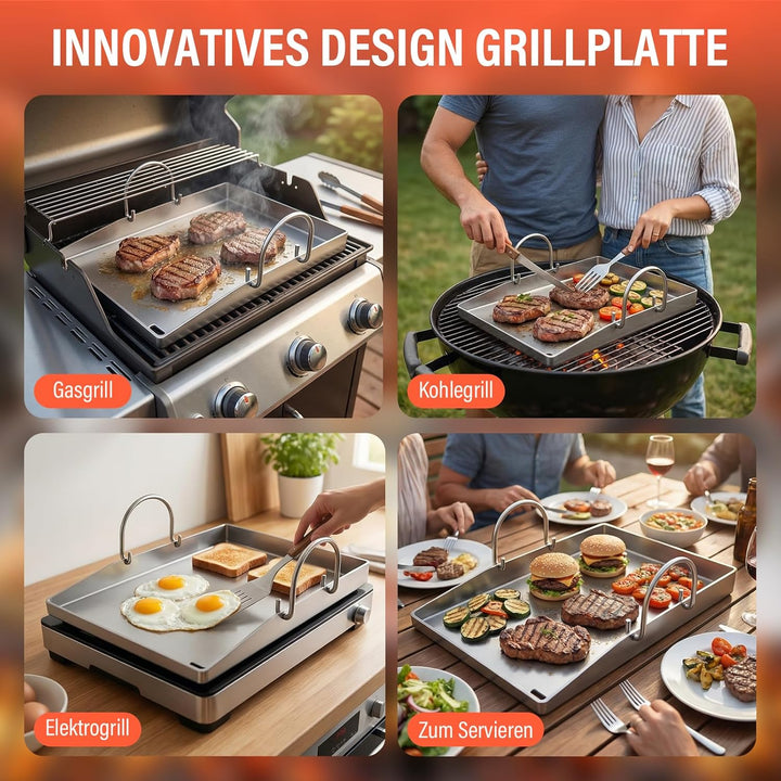 Premium Plancha Grillplatte 40×30 cm – 4 mm Edelstahl, inkl. 3 Grillwerkzeuge &amp; 30 Fettabsorptionspa