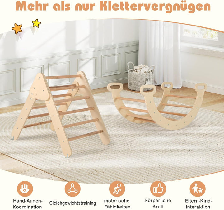 GOPLUS Klettergerüst Indoor, 4 in 1 Kletterdreieck & Kletterbogen & Leiter & Rutsche, Sprossendreiec
