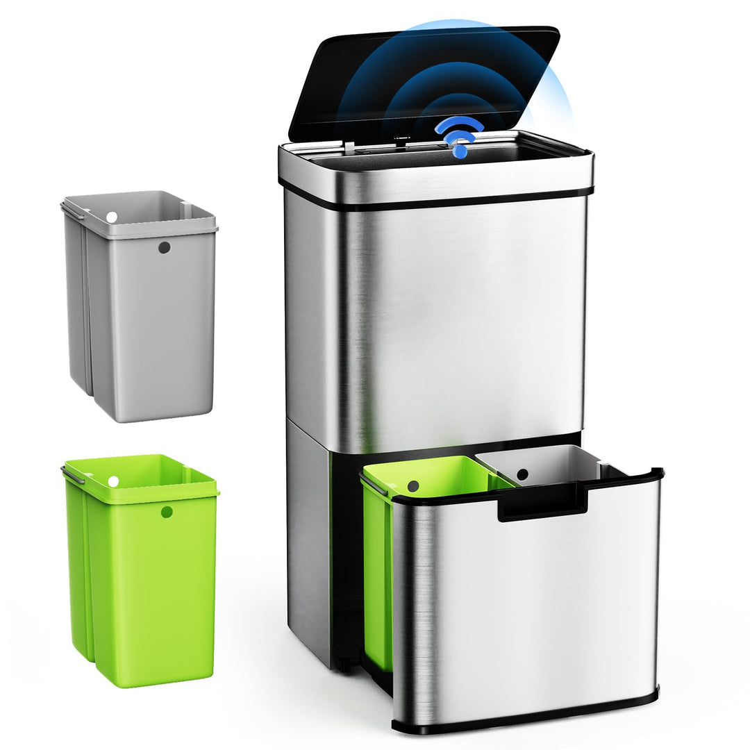 Gardtech Mülleimer Küche mit Sensor 62 Liter, Automatisch Edelstahl Abfalleimer mit 3 fächer Mülltre
