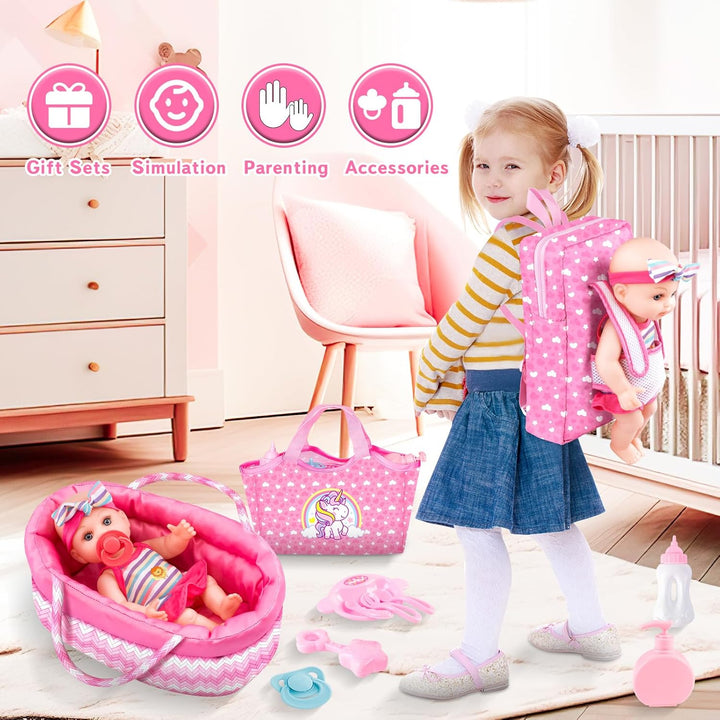 deAO 12”Baby Puppe, Spielpuppe mit Backbag, Handheld-Halterung, Tragbarer Schulranzen, Puppenkleidun
