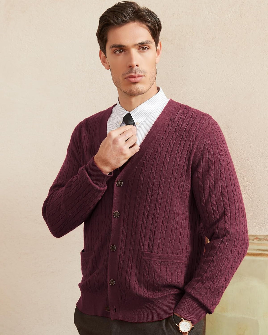 Kallspin Herren Strickjacke aus Wollmischung Zopfstrick Cardigan mit Knopfverschluss und Taschen M B