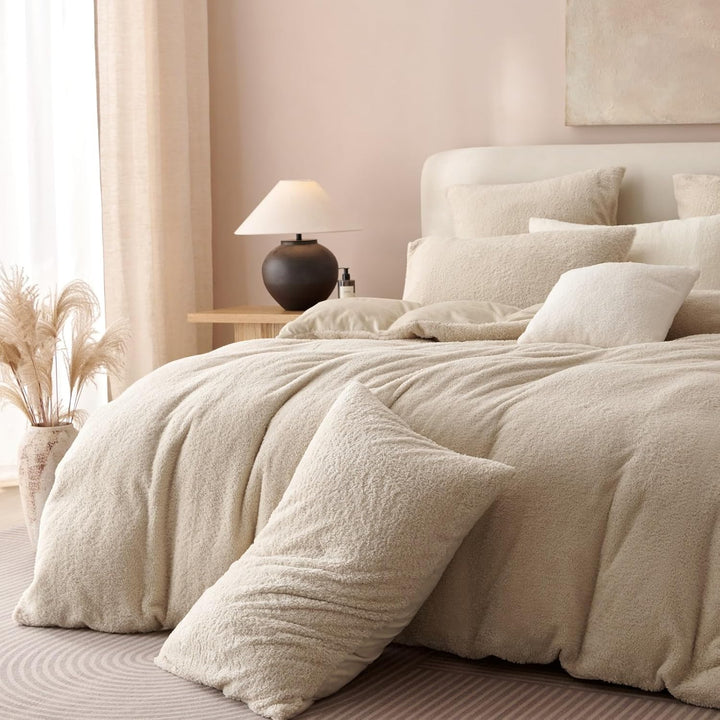Freyamy Plüsch Bettwäsche 135x200cm 2teilig Beige Nicky Teddy Fleece Deckenbezug Flanell Cashmere To