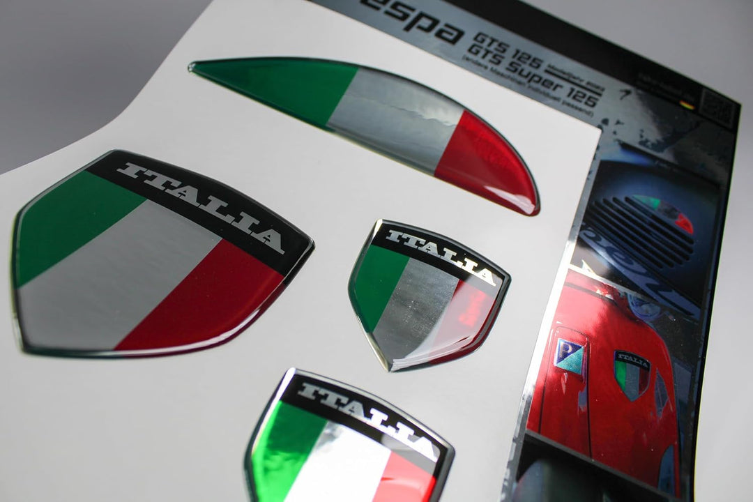 Tankpad Seitenhaube Chrom Sticker Deko Set 3D Italia kompatibel mit Vespa GTS Super 125 X550602 Seit