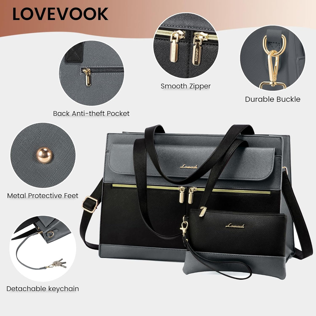 LOVEVOOK Laptop Handtasche Damen Gross, 15,6 Zoll Laptoptasche Elegant Shopper Tasche Damen, PU Lede