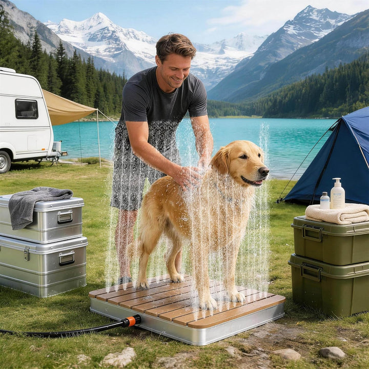 Gartendusche WPC Rund Braun, Bodendusche Aussendusche für Garten Pool Sauna, rutschfeste Standfläche