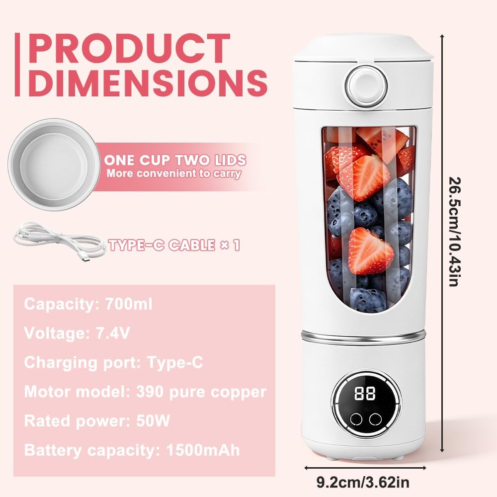Tragbarer Mixer, 700ML Tragbarer Mixer Smoothie Maker To Go mit LED Display, 12 Klingen, Portable Bl