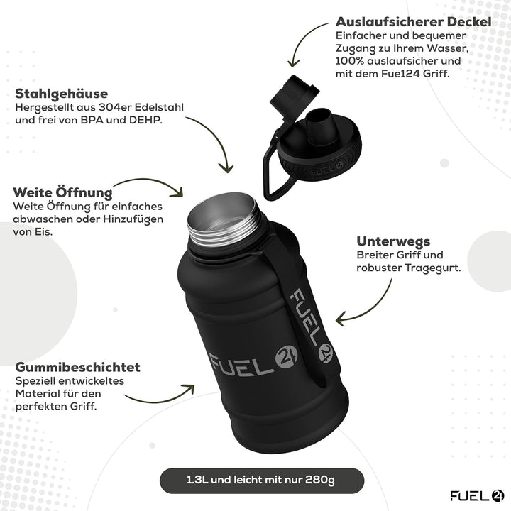 Fuel24 Extra Stark Trinkflasche Edelstahl Metall 1.3L & 2.2L - Auslaufsicher & BPA-Frei Wasserflasch