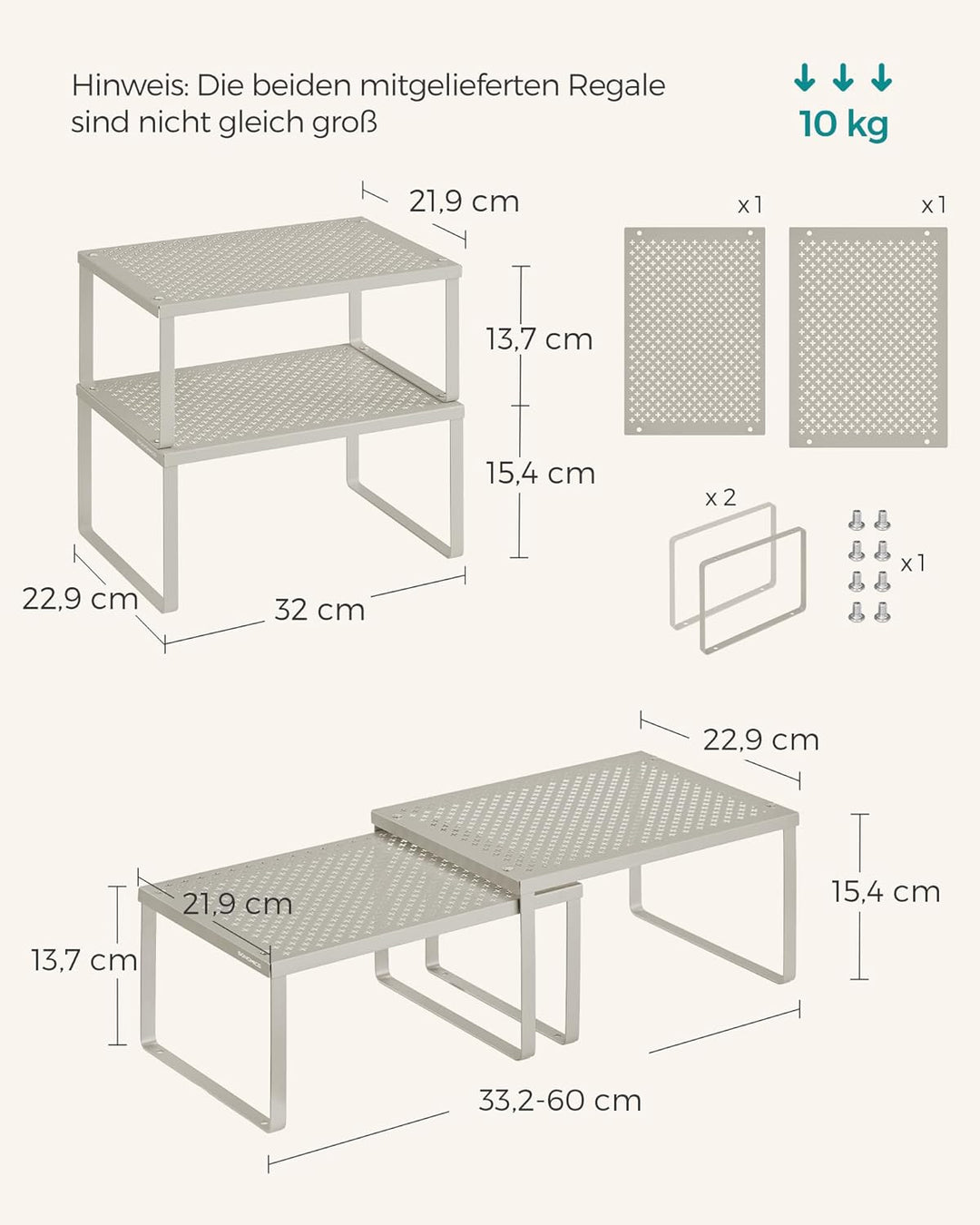 SONGMICS Gewürzregal, 2er Set, Küchenregal, Küchen-Organizer, Küche, Gewürzhalter, erweiterbar, stap
