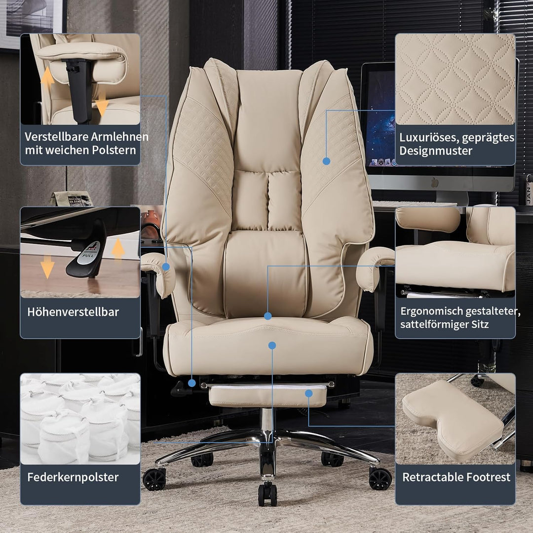 Bürostuhl Ergonomisch, Chefsessel mit Hoher Rückenlehne, Verstellbaren Armlehnen und Breitem Sitz, P