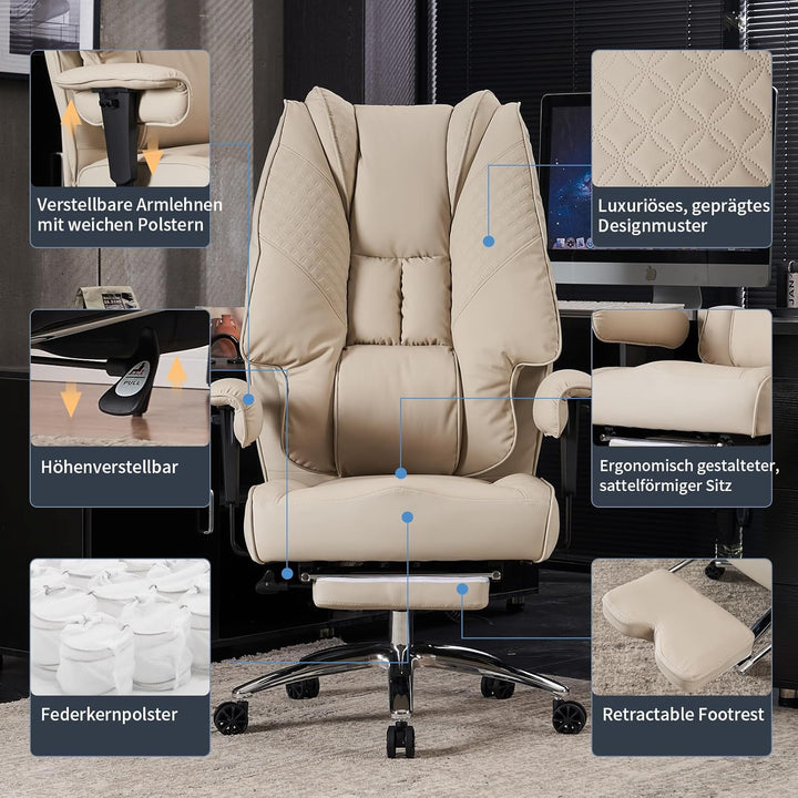 Bürostuhl Ergonomisch, Chefsessel mit Hoher Rückenlehne, Verstellbaren Armlehnen und Breitem Sitz, P