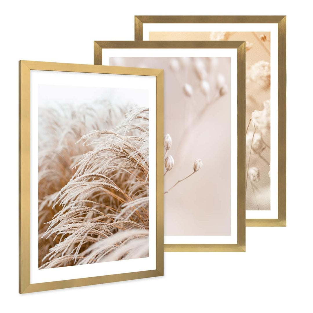 PHOTOLINI Bilderrahmen A2 42x59,4 cm Gold MDF-Holz, breite Rahmen, 3er Set, modern, bruchsicheres Ac