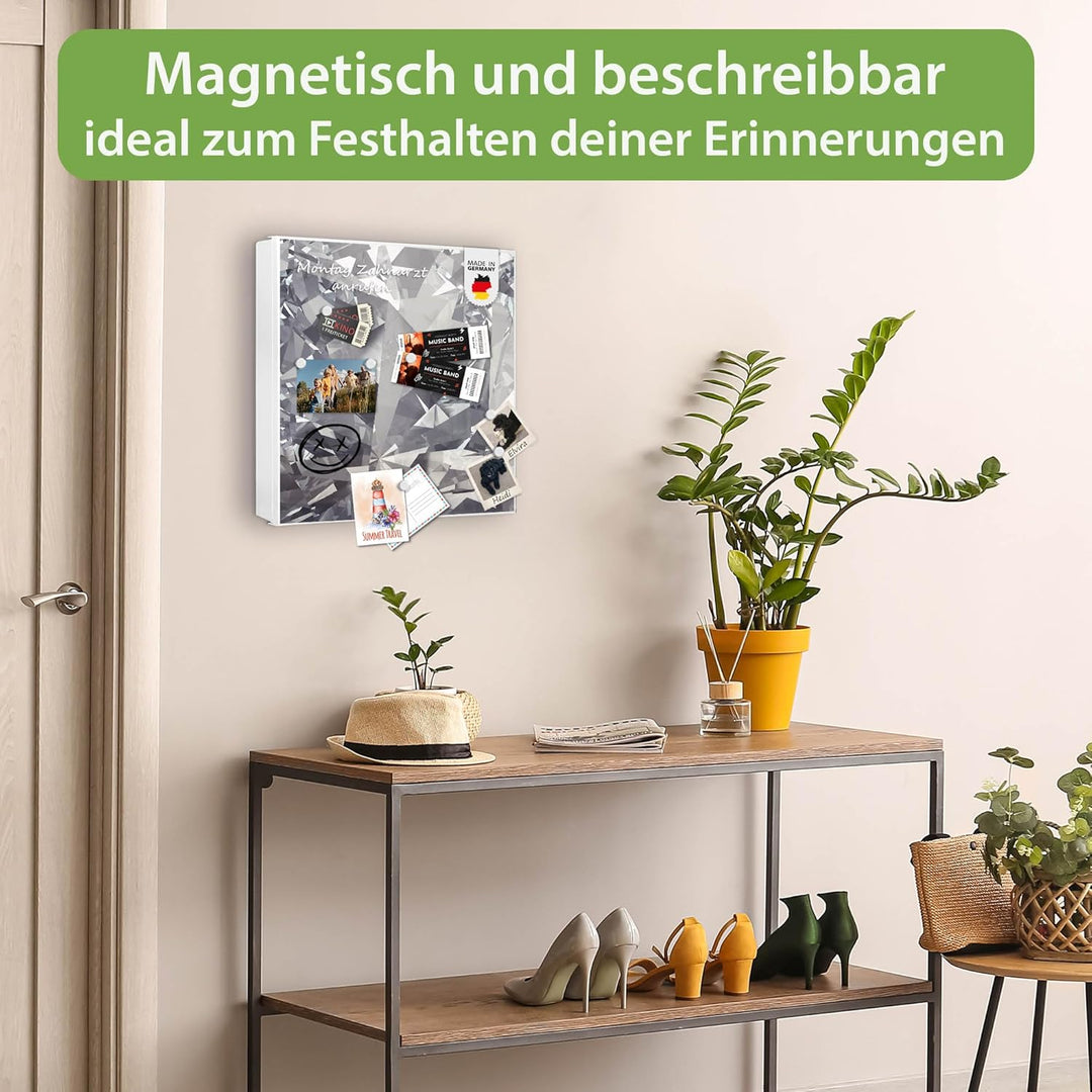 banjado® Grosser Schlüsselkasten Glas/Schlüsselbox 30cm x 30cm mit 50 Haken - Motiv Facetten Monochr