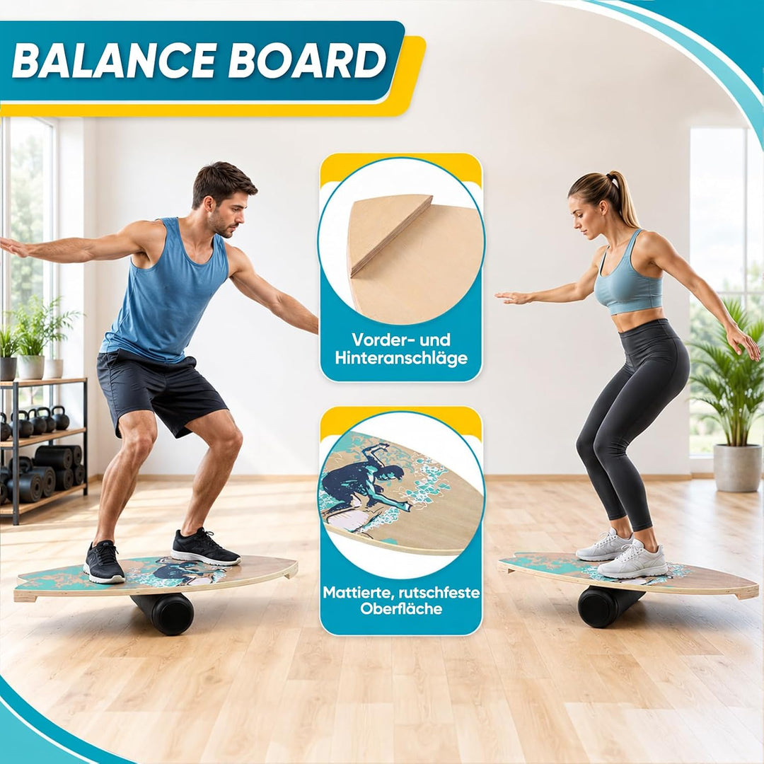 Balance Board 75x28cm 15mm Dickes, Tragfähigkeit 150Kg Holz Balanceboard Erwachsene Kinder mit Rolle