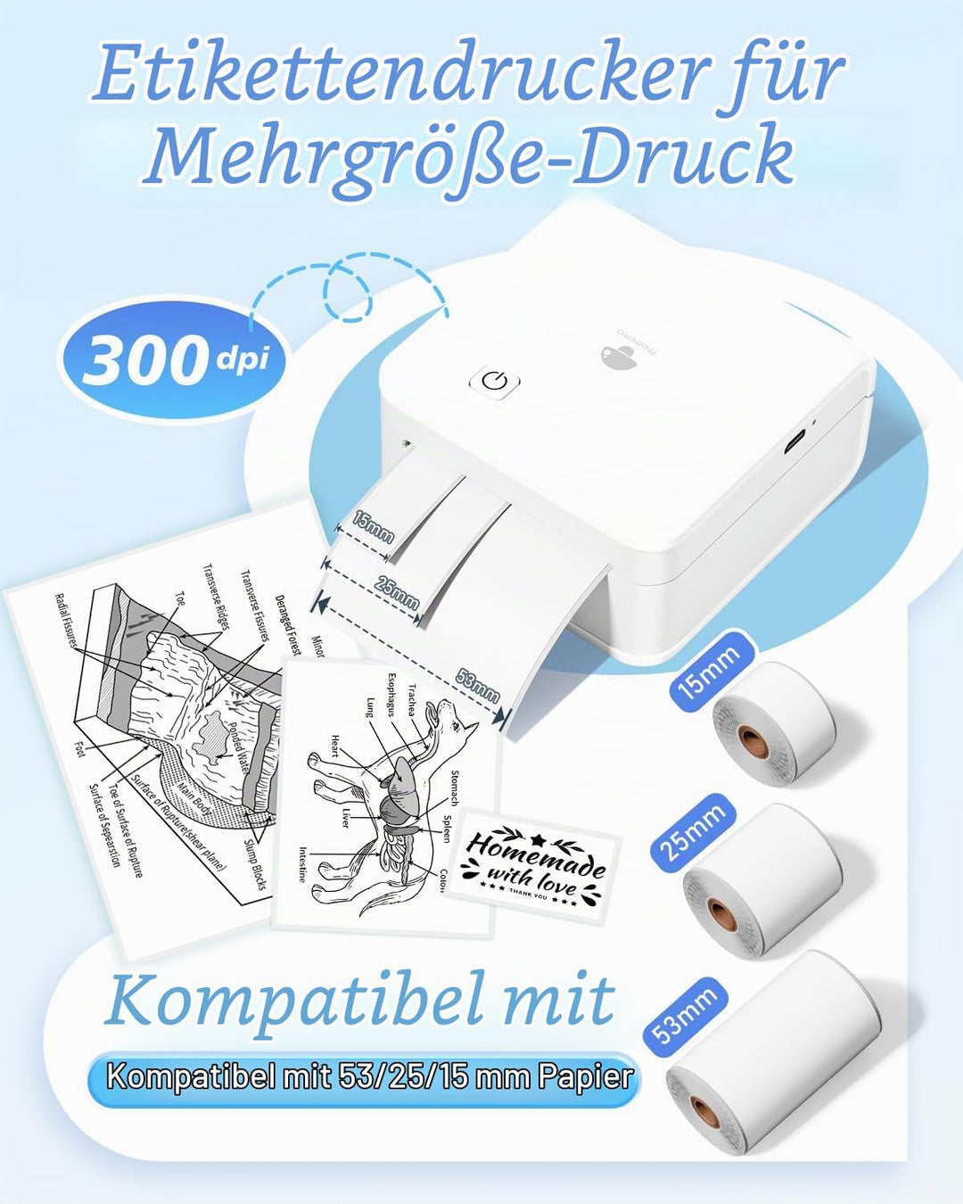 Phomemo Mini Drucker für Smartphone, Aufgerüstet 300 DPI Mini Thermodrucker P2S Sofortbilddrucker fü