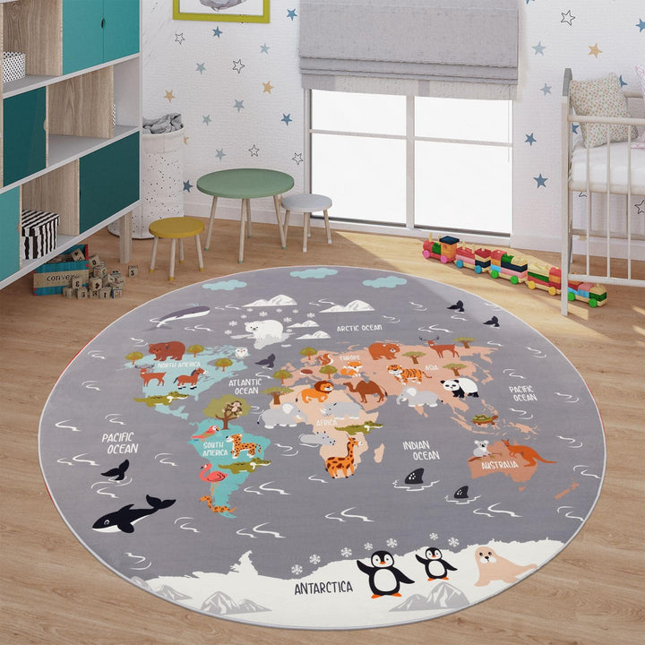 TT Home Kinderteppich Babyzimmer Teppich Kinderzimmer rutschfest Tiere Weltkarte Autos, Farbe:Grau B