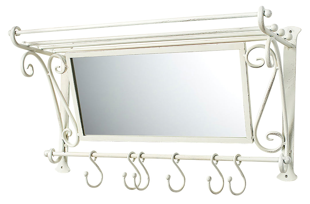 Kobolo Garderobe Antik-Weiss mit Spiegel und 6 Haken Metall