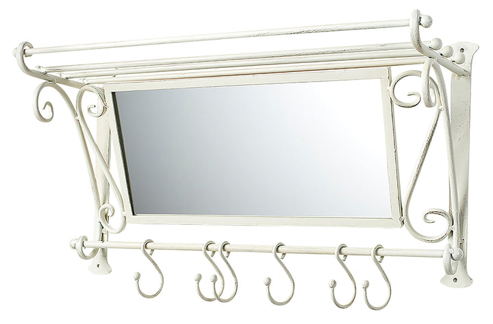 Kobolo Garderobe Antik-Weiss mit Spiegel und 6 Haken Metall