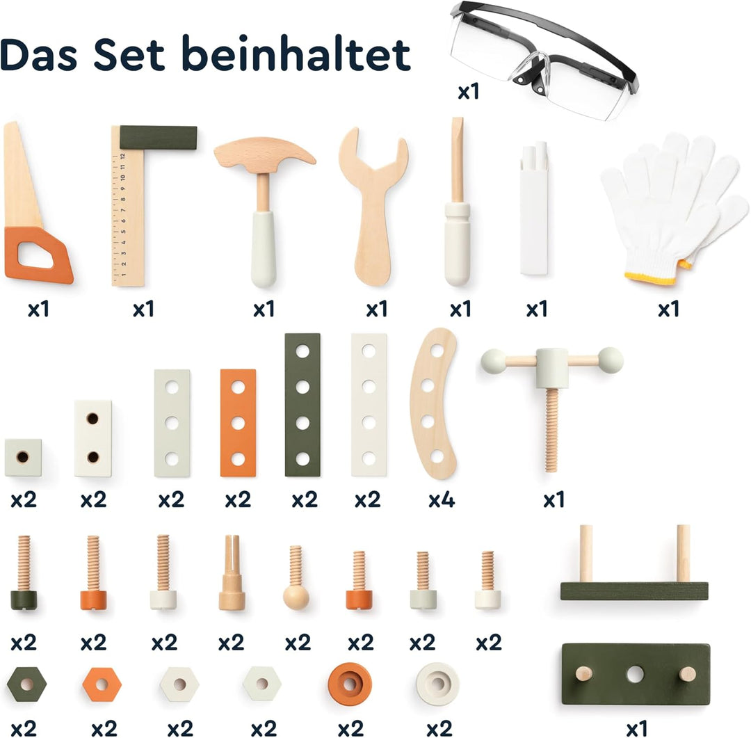 Holzwerkbank Spielzeug, Werkstatt mit 61 Teilen, Realistischen Werkzeuge, Schrauben, Mutter, Säge, S