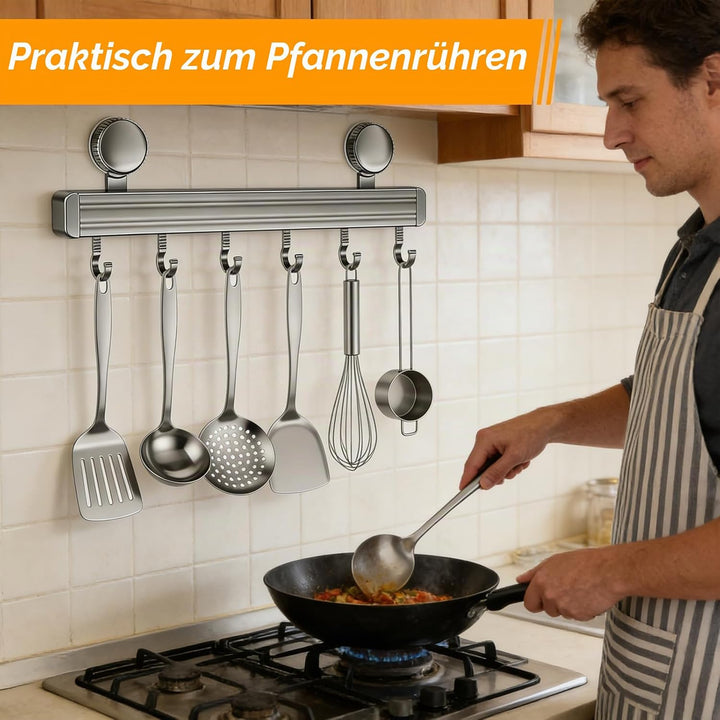 2 Stück Hakenleiste Küche ohne Bohren, Saugnapf Küchenstange aus Aluminiumlegierung, 6 bewegliche Ha