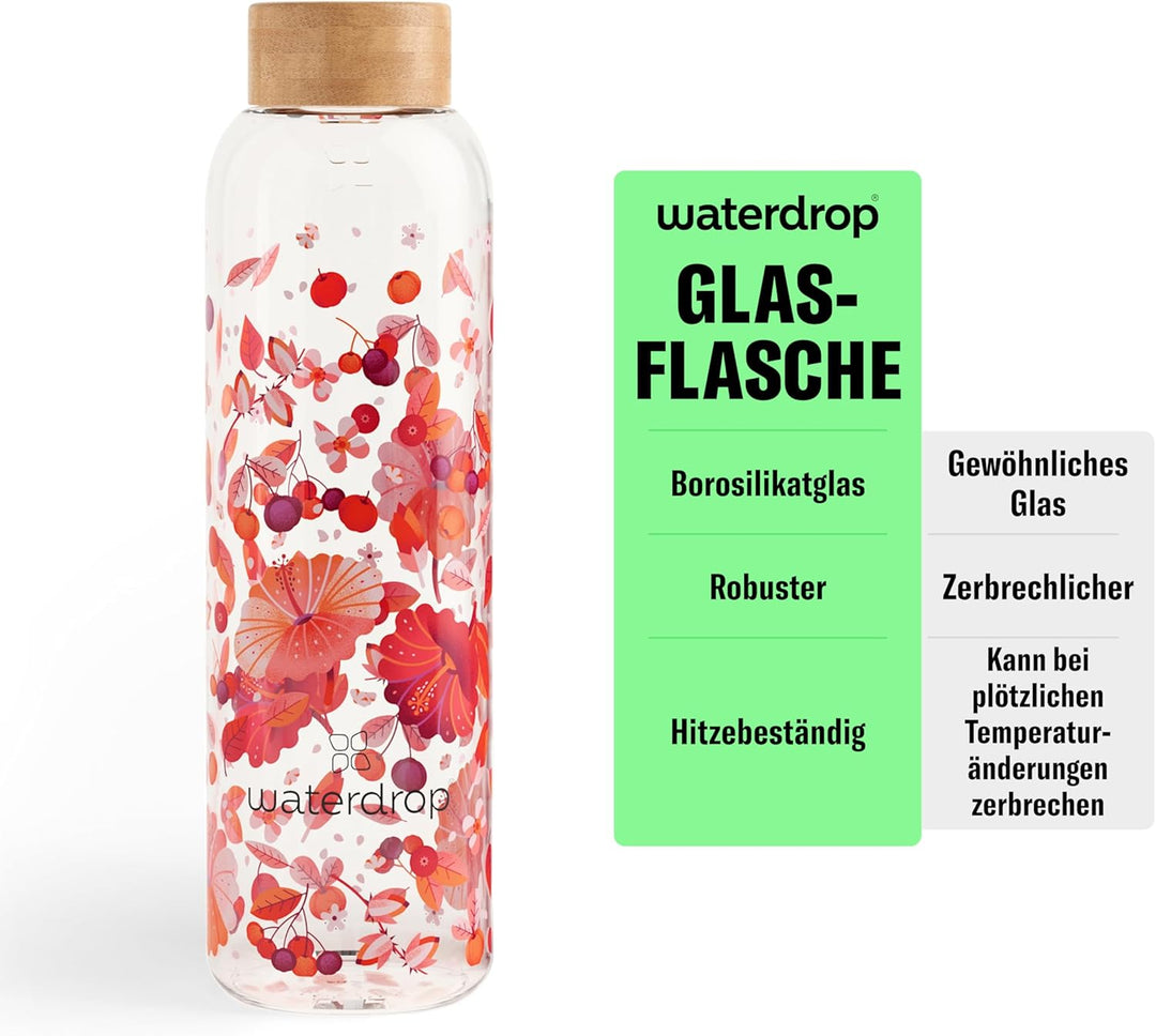 waterdrop® Edition Glass Bottle 600ml Trinkflasche Glas auslaufsicher, Kohlensäure geeignet | BPA fr