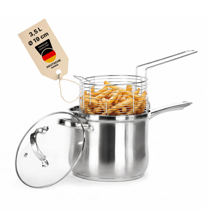 Frittiertopf 3,5 L Edelstahl Fritteuse mit Frittierkorb und Glasdeckel Pommestopf für alle Herdarten