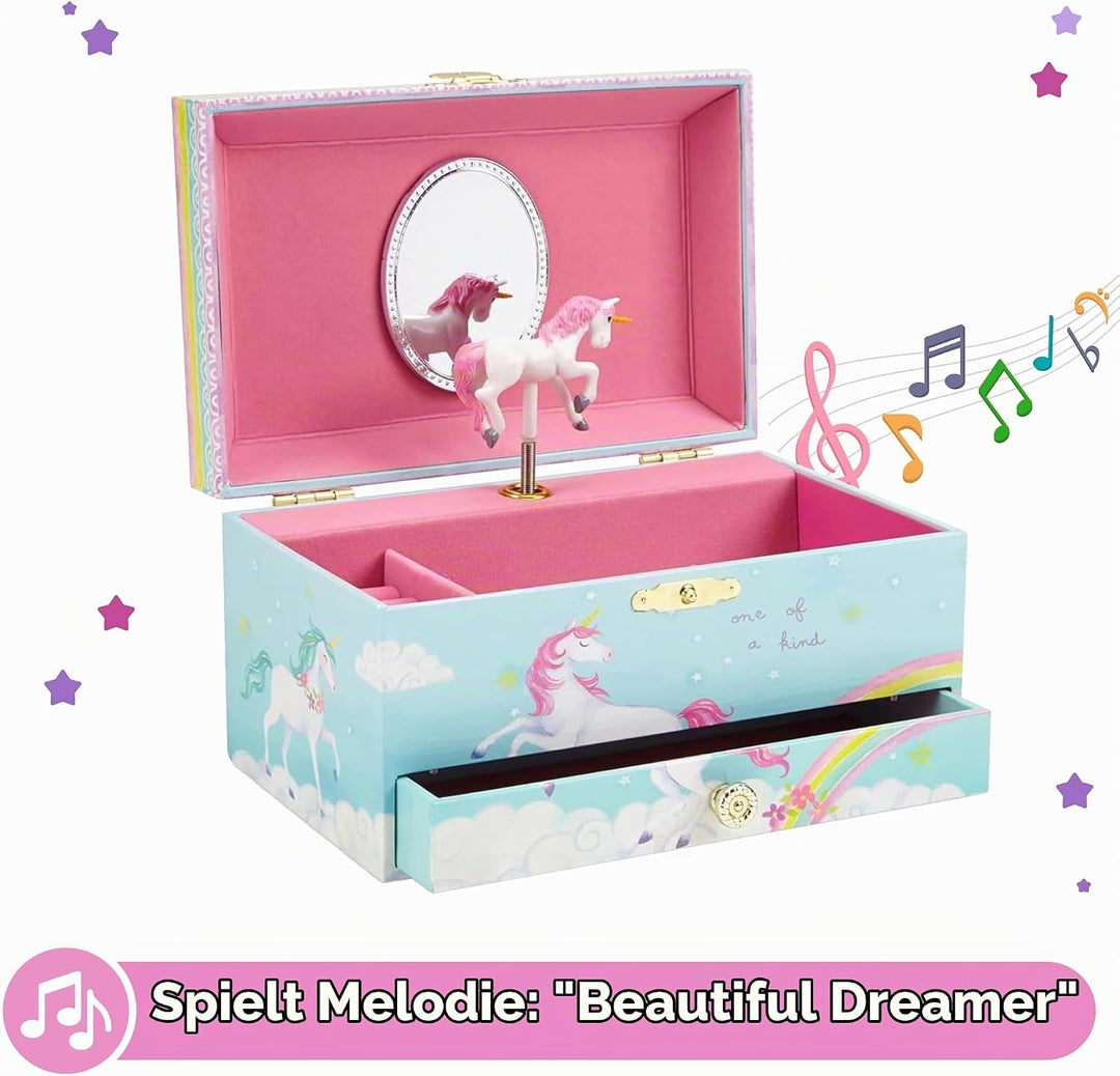 Jewelkeeper Einhorn Spieluhr &amp; Schmuckset für kleine Mädchen - Edelstahl - 3 Einhorngeschenke für Mä
