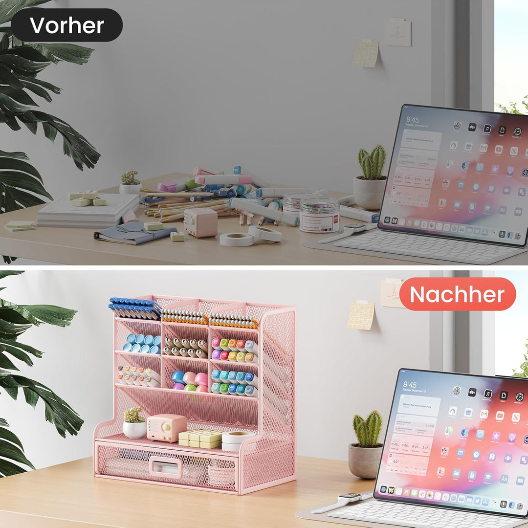 VITVITI Schreibtisch Organizer, 9 Fächer Stiftehalter mit Schublade, Netz Stifte Regal aus Metall, S