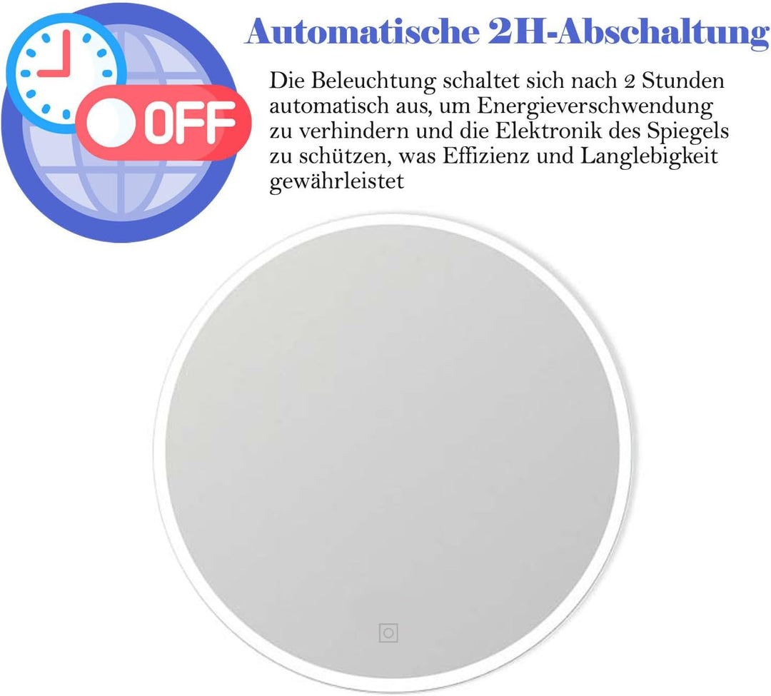Badspiegel mit Beleuchtung Rund LED Spiegel Bad mit Touch-Schalter Badezimmerspiegel Beleuchtet Kalt