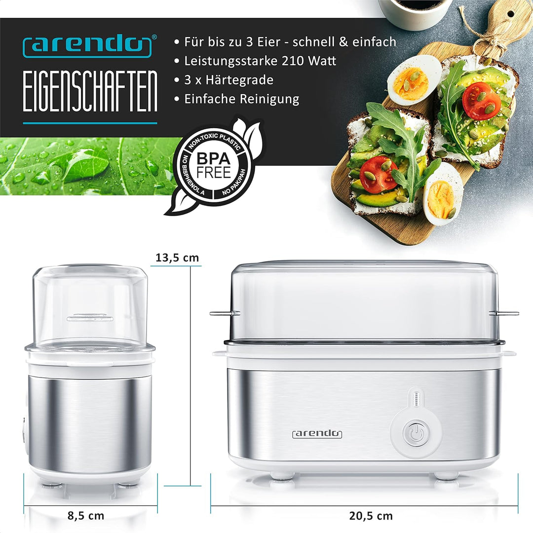 Arendo - Edelstahl Eierkocher Threecook - Egg Cooker - EIN AUS-Schalter - Wählbarer Härtegrad - 210