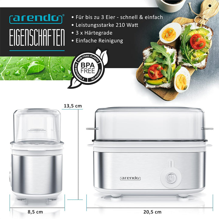 Arendo - Edelstahl Eierkocher Threecook - Egg Cooker - EIN AUS-Schalter - Wählbarer Härtegrad - 210