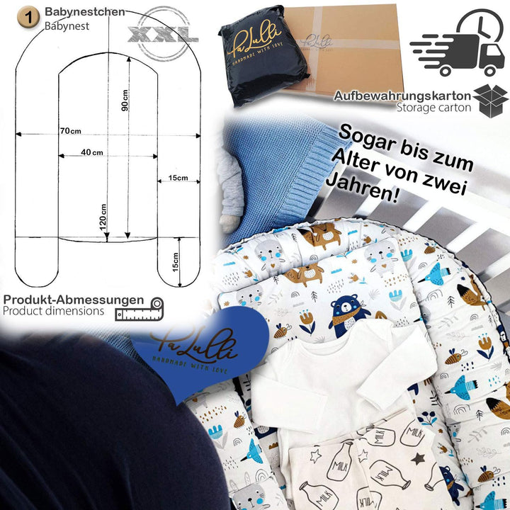 PaLulli 120x60 cm Babynest Babynestchen XXL Babykokon, 2seitig, 100% Baumwolle, Kissen, Nestchen für
