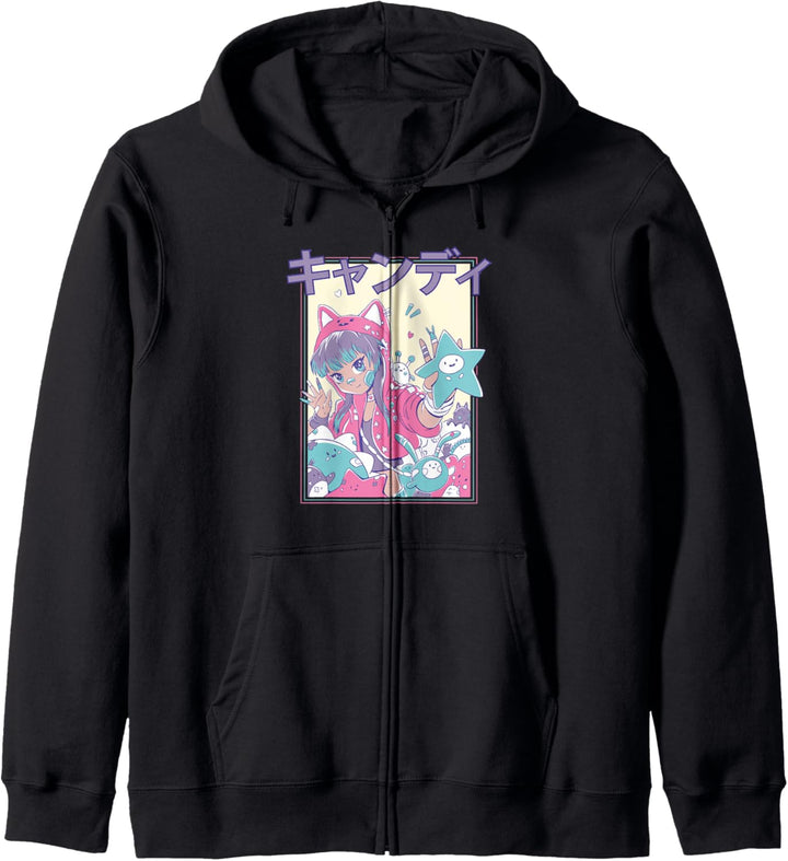 Pastell Anime Mädchen mit Plüsch, süsse japanische Grafik Kapuzenjacke