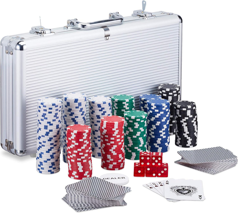 Relaxdays Pokerkoffer, 300 Laser Pokerchips, 2 Kartendecks, 5 Würfel, Dealer Button, Aluminiumkoffer