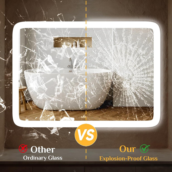 Clevich Badspiegel mit Beleuchtung 70×50 cm, LED Spiegel mit 3 Lichtfarben dimmbar, gehärtetes Glas