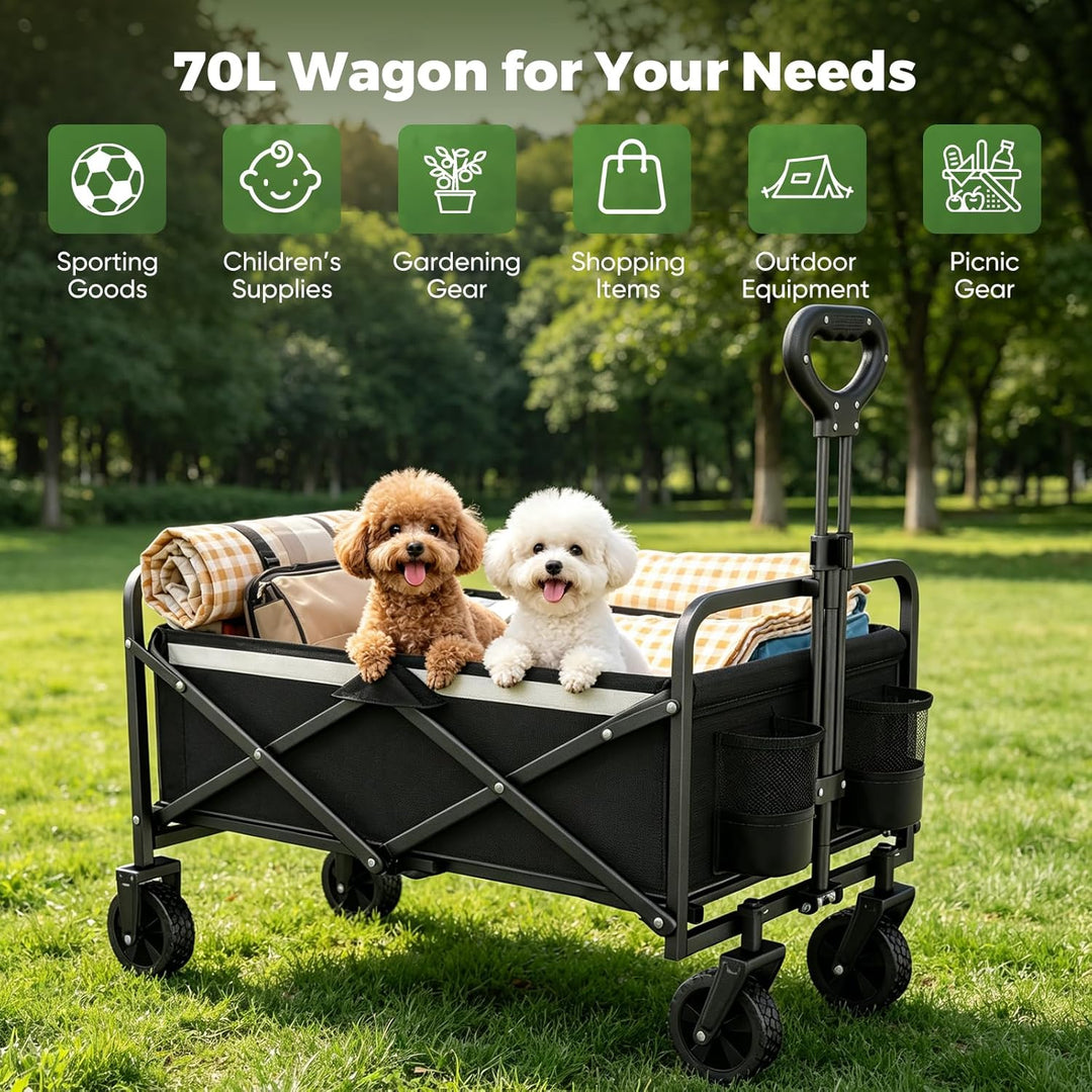 Bollerwagen Faltbar 70L/70KG Tragkraft – mit Bremsen, Handwagen mit Klappbarem Griff & Abnehmbaren R