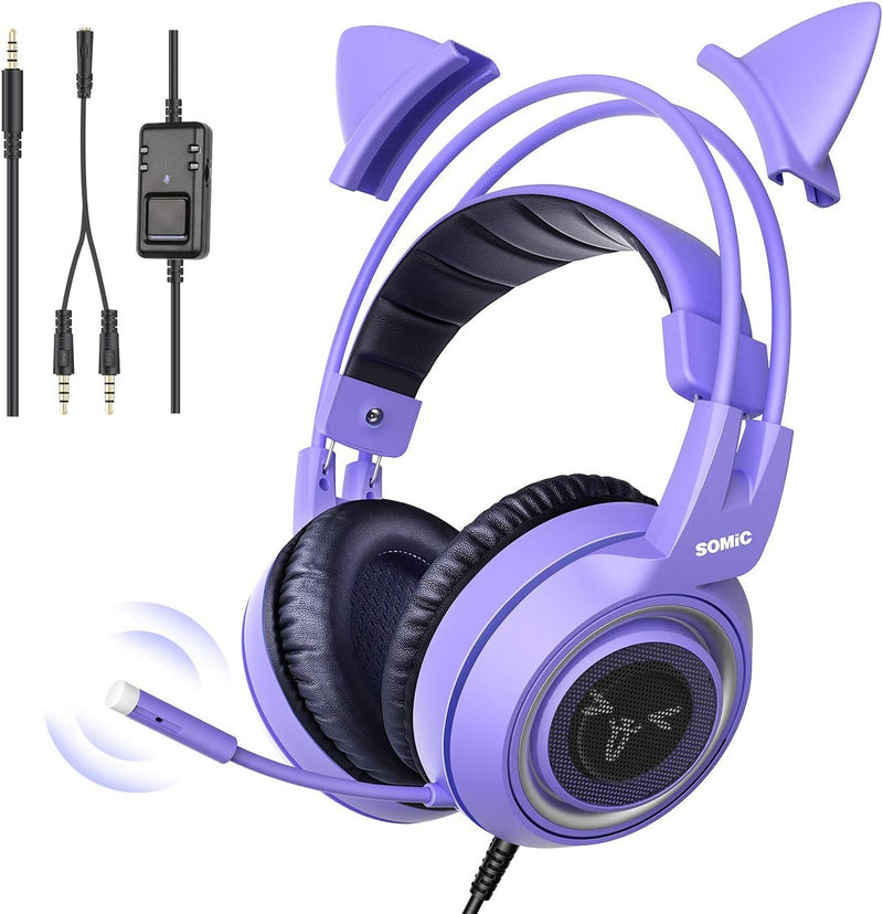 SOMiC G951S Violett Gaming Headset mit Mikrofon, Mädchen, Frauen Abnehmbarer Cat-Ear-Kopfhörer mit L