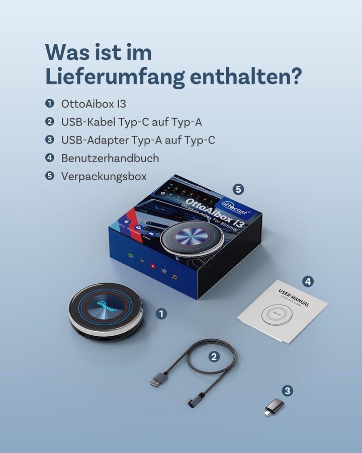 2026 Ottocast I3 AI Box für BMW, Wireless CarPlay Adapter mit Netflix/YouTube Unterstützung, Android