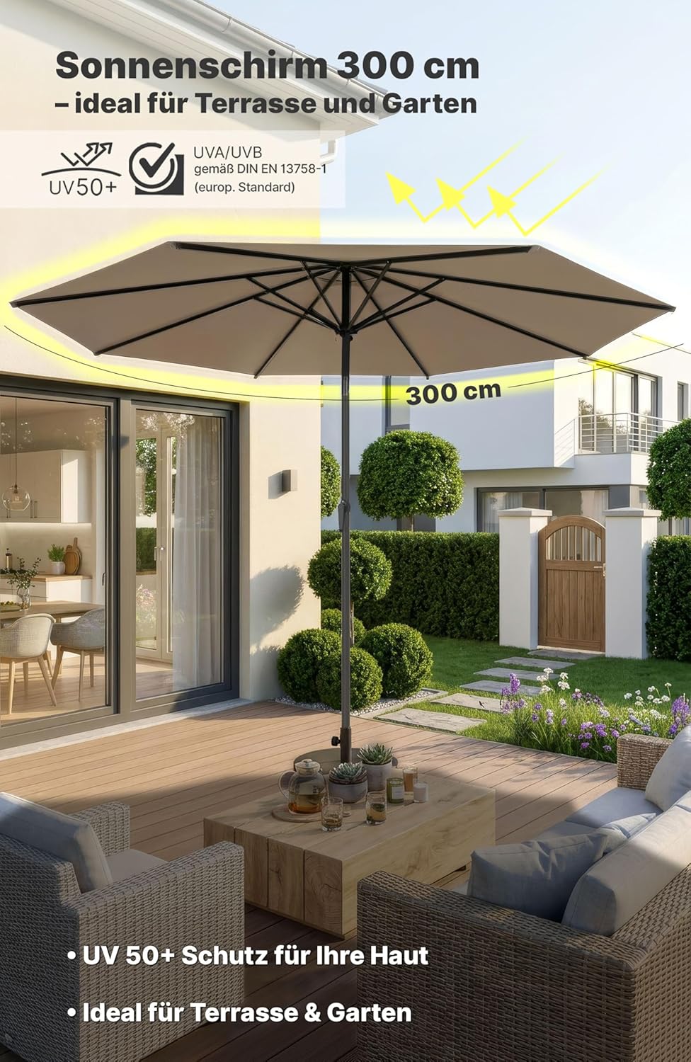 4smile Sonnenschirm 300 cm, mit Kurbel – grosser Sonnenschirm Balkon für die Terrasse, mit UV 50+ Sc