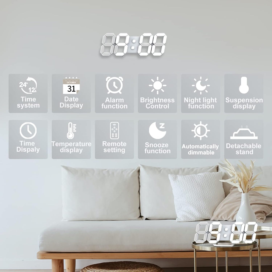Deeyaple LED Wanduhr Digital Wecker 3D Uhr Dimmbar Snooze Modern USB 12/24Stunden Datum Temperaturan