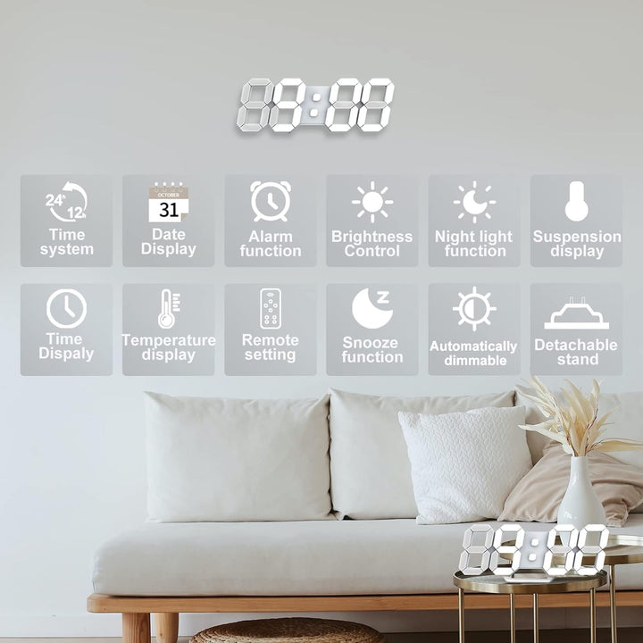Deeyaple LED Wanduhr Digital Wecker 3D Uhr Dimmbar Snooze Modern USB 12/24Stunden Datum Temperaturan