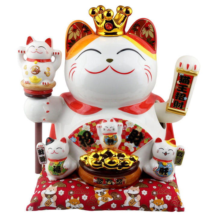 Freak Scene Glückskatze Maneki-Neko Winkekatze Krone Porzellan 26cm weiss winkende Katze Lucky cat