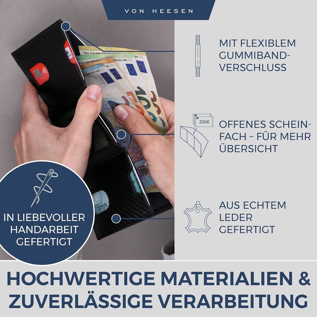 VON HEESEN Slim Wallet mit Münzfach & RFID-Schutz - Leder Geldbeutel - Mini Geldbörse für Herren und