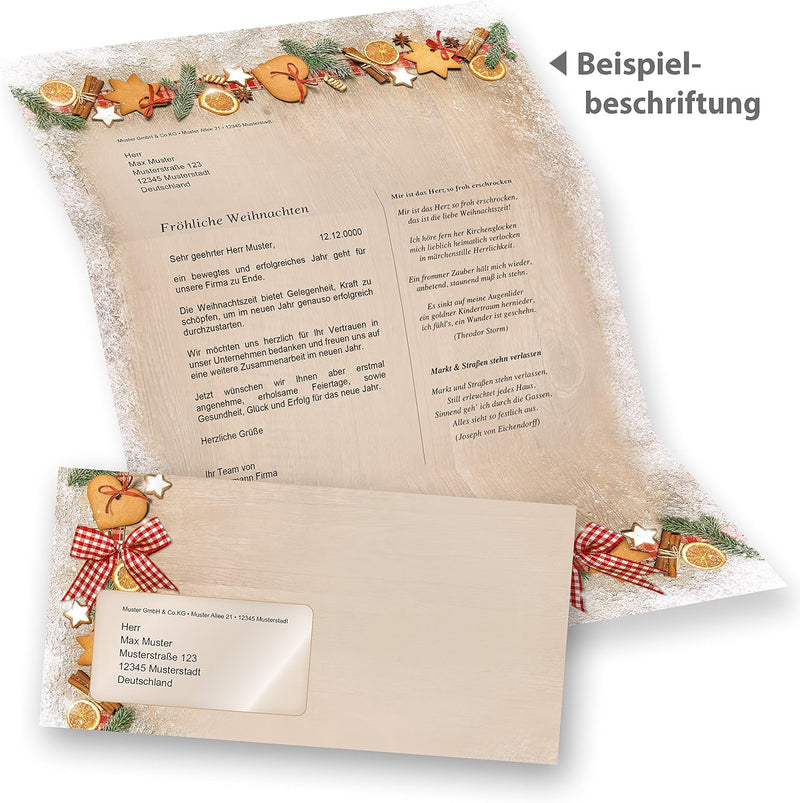 Briefpapier Set Weihnachten LANDIDYLLE 25 Sets mit Fensterumschläge Weihnachtsbriefpapier A4 Holz La