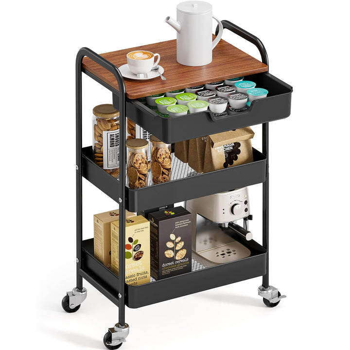 KINGRACK Aufbewahrungswagen 3-Tier mit Tischplatte, Multifunktionswagen aus Metall für Küche, Haus,