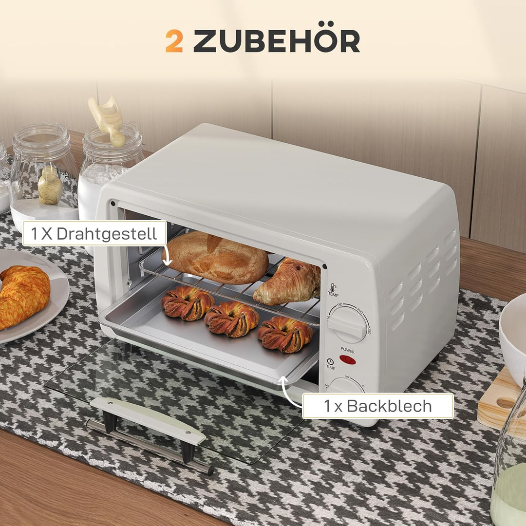 HOMCOM Mini Backofen 10 L 750W 100-230℃ 60 Min. Timer mit Backblech, Grillrost und Herausnehmbarer B