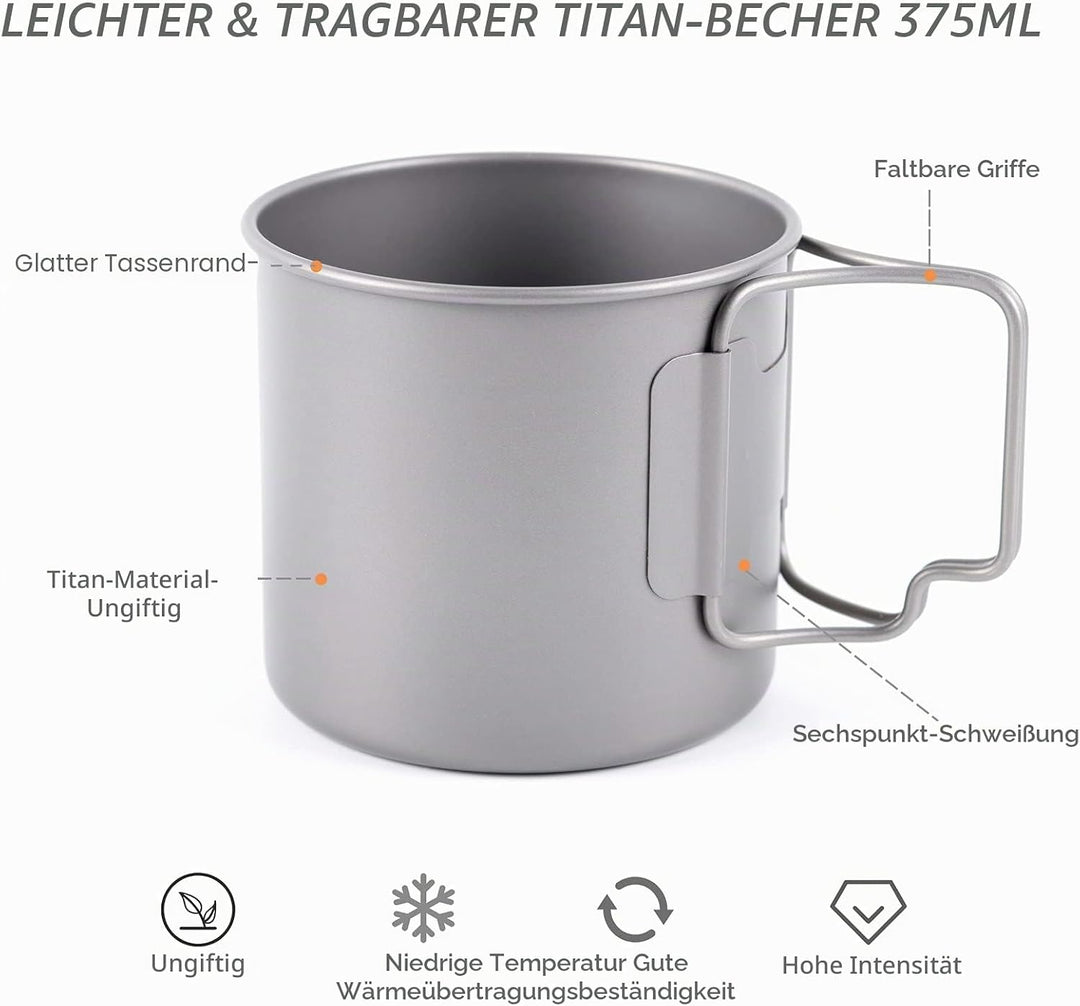 TOAKS Titan Tasse Camping Becher Rucksackreisen Topf Outdoor Picknick Wandern Titanium Geschirr (375