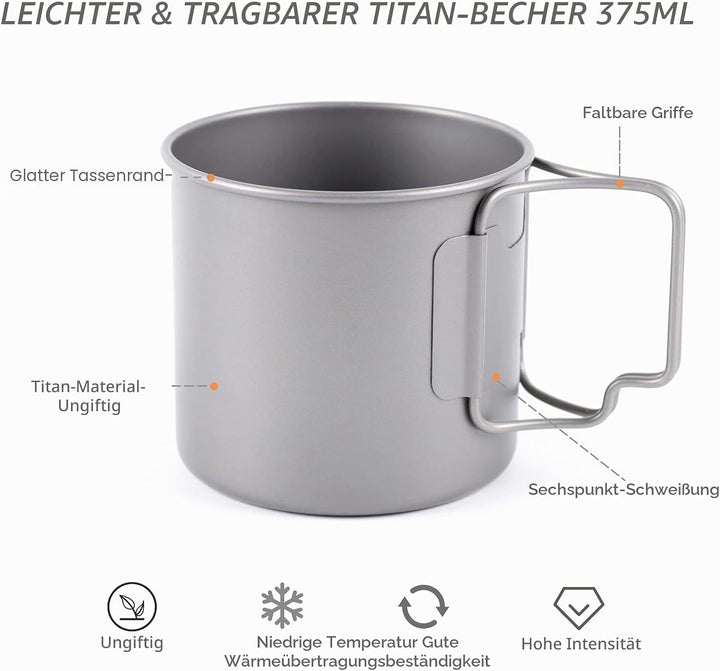 TOAKS Titan Tasse Camping Becher Rucksackreisen Topf Outdoor Picknick Wandern Titanium Geschirr (375