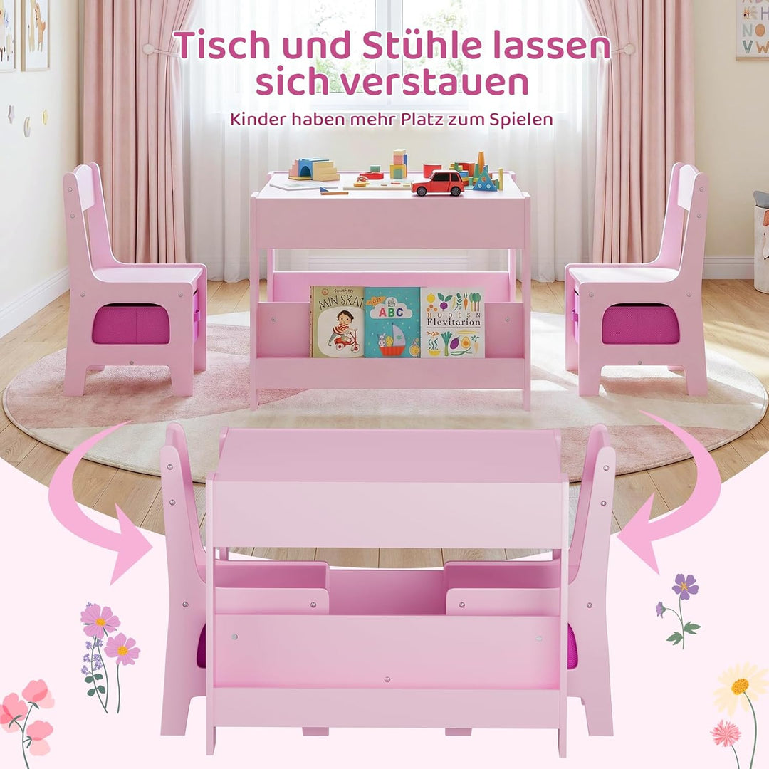 MAMIZO Kindertisch mit 2 Stühlen, 3 in 1 Kinder Tisch Stuhl Set, Kindermöbel Set aus Holz mit Staura