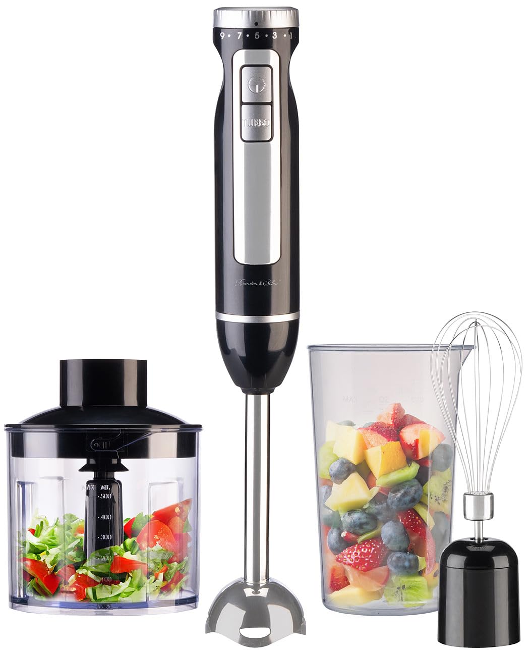 Rosenstein & Söhne Pürierstab: 4in1-Stabmixer, Edelstahl, stufenlos, Turbo, 16.000 U/Min., 1.000 Wat