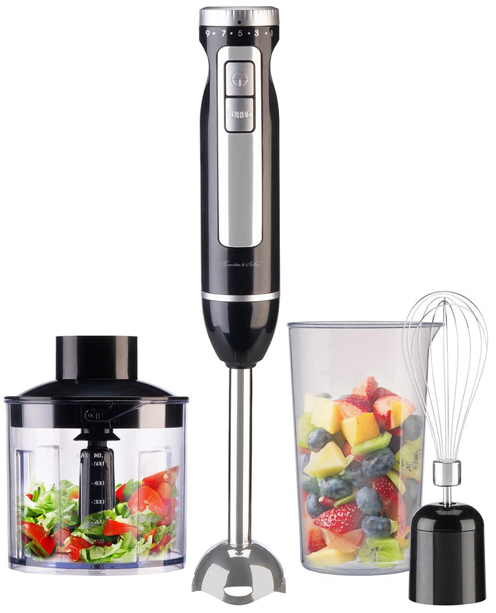 Rosenstein & Söhne Pürierstab: 4in1-Stabmixer, Edelstahl, stufenlos, Turbo, 16.000 U/Min., 1.000 Wat